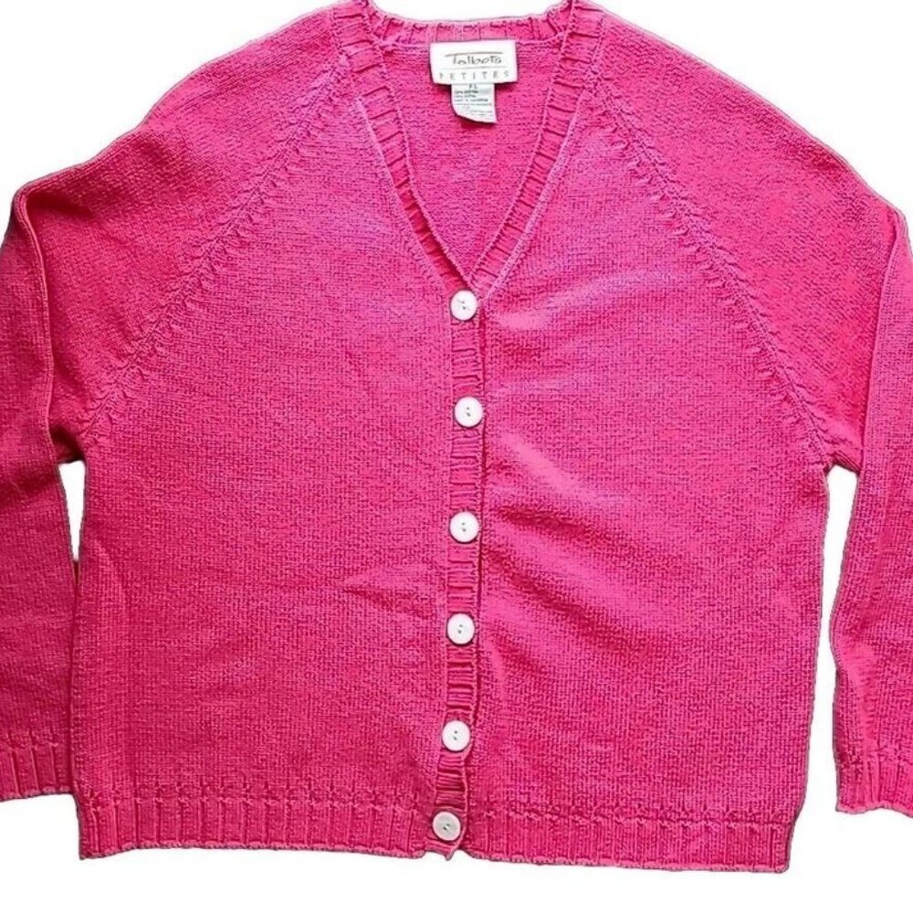 TALBOTS Petite Cotton Fushsia V Neck Cardigan Sweater Mother of Pearl Buttons PS